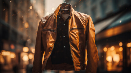 Stylish male brown leather jacket in a vibrant city setting. Generative AI