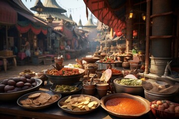 Food tourism concept exploring traditional dishes in local markets, Generative AI