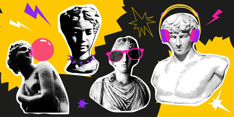 Collage design elements in trendy dotted pop art style. Retro halftone effect. Set of statues with retro elements of the 90s.Vector illustration with vintage grunge punk cutout shapes - obrazy, fototapety, plakaty