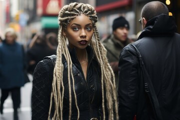 Fictional Black Woman with Long Braided Blond Hair Street Portrait. Generative AI. - obrazy, fototapety, plakaty