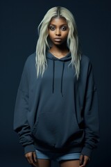 Portrait of a fictional black woman with dyed blond hair wearing an oversize sweatshirt. Generative AI.