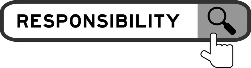 Search banner in word responsibility with hand over magnifier icon on white background