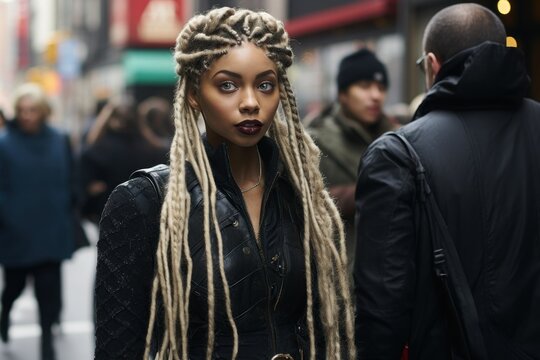 Fictional Black Woman with Long Braided Blond Hair Street Portrait. Generative AI.