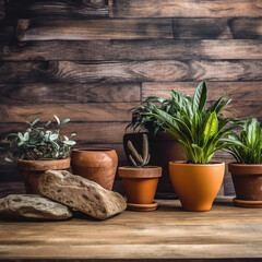 Rustic pots with house plants indoors. Created with generative AI technology.