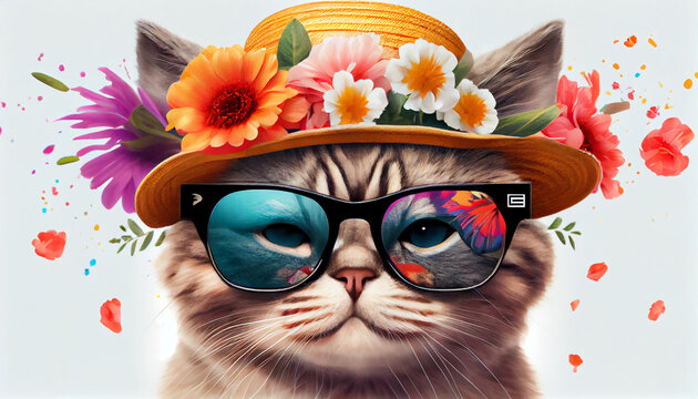 Amazing cutie cat wearing colorful summer hat with flowers and sunglasses isolated Ai generated image