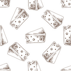 Hand-drawn vector seamless pattern of piece of chees. Vintage doodle illustration. Sketch for cafe menus and labels. The engraved image.