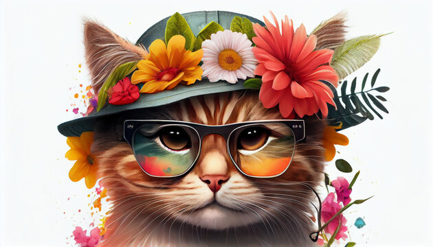 Amazing cutie cat wearing colorful summer hat with flowers and sunglasses isolated Ai generated image