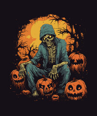 illusttration Hand drawn zombies around the pumpkin, vector.