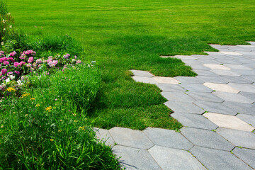 walkway with concrete tiles honeycomb pattern and flowerbed with flowers near green  lawn lit by sunlight close-up, nobody.