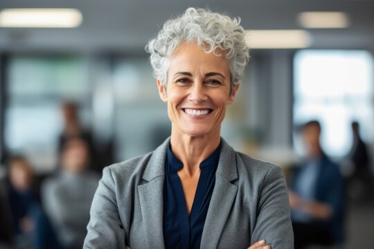 Portrait of smiling senior businesswoman standing with arms crossed in office