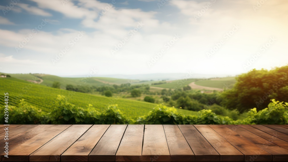 Aufkleber empty wooden table top with view on vineyard landscape created with generative ai