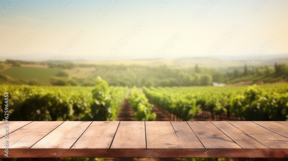 Poster empty wooden table top with view on vineyard landscape created with generative ai