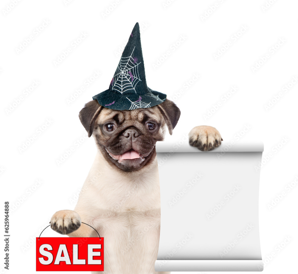 Poster Pug puppy wearing hat for halloween shows empty list and signboard with labeled 