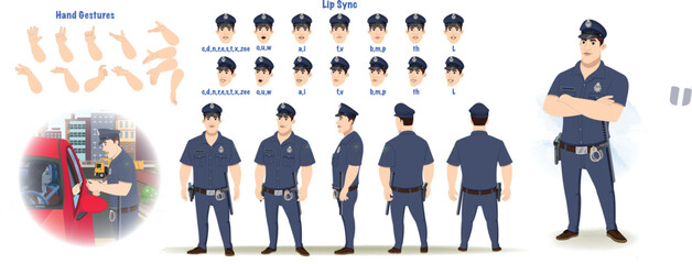 Set of police, cop design. Character Model sheet. Front, side, back view animated character. Policewoman character creation set with various views, poses and gestures. Cartoon style, flat vector isola © characterbazaar