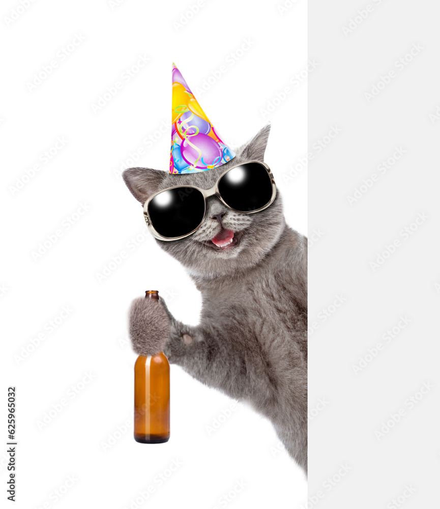 Poster happy cat wearing birthday cap holds bottle of beer and look from behind empty board. isolated on wh