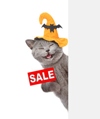 Happy cat wearing hat for halloween looks through a hole in white paper and points away on empty space