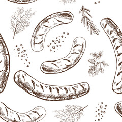 Hand-drawn vector seamless pattern of barbecue grilled sausage and greens. Vintage doodle illustration. Sketch for cafe menus and labels. The engraved image.