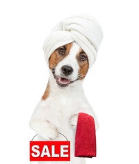 Funny jack russell terrier puppy with towel on it head shows sales symbol. isolated on white background