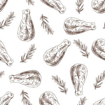 Hand-drawn vector seamless pattern of chicken leg and greens. Vintage doodle illustration. Sketch for cafe menus and labels. The engraved image.