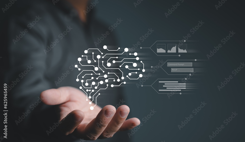 Poster ai or artificial intelligence technology. man holding circuit brain icon for smart cloud technology 