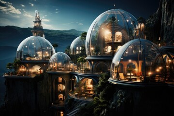 Fototapeta premium human settlement in alien world with green plants. Glass dome habitat. Generative AI
