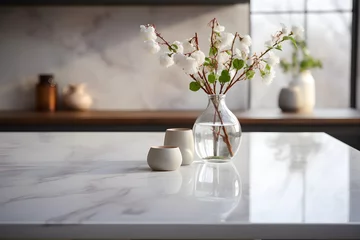Tuinposter Marble stone countertop on kitchen interior background © ITrWorks