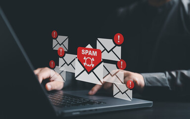 Cyber crime security concept. Hand using laptop show malware screen attach from email. Hack, steal password or personal data. Hacker, Virus, Worm, Trojan, Adware, Spyware, and Ransomware awareness.