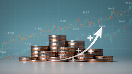 Stacking money coins show plus sign icons and arrow up symbol with graph chart in the background....