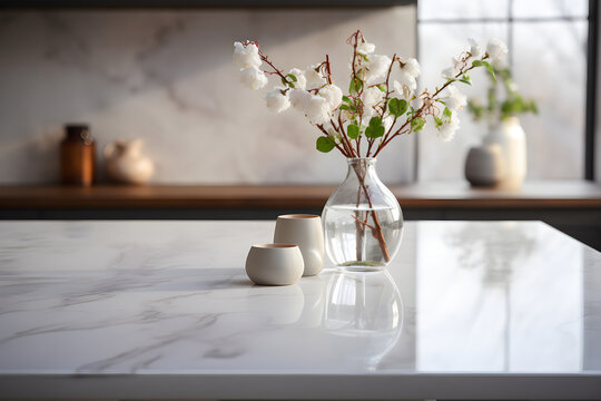 Marble stone countertop on kitchen interior background