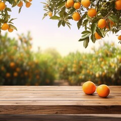 Empty Wood Table with Free Space over Orange Trees
