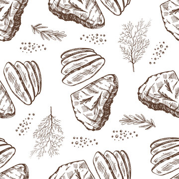 Hand-drawn vector seamless pattern of beef steak, piece of meat and dill. Vintage doodle illustration. Sketch for cafe menus and labels. The engraved image.