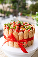Strawberry tiramisu cake with decorated savoiardi cookies.