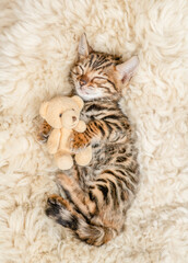 Cute bengal kitten sleeps and hugs favorite toy bear on a bed at home.Top down view