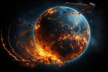 Fire planet burning in space. Global catastrophe concept illustration. Generative AI