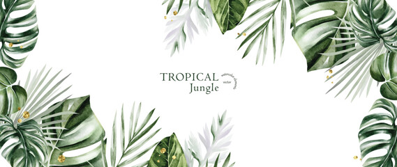 Tropical jungle watercolor vector background design - obrazy, fototapety, plakaty