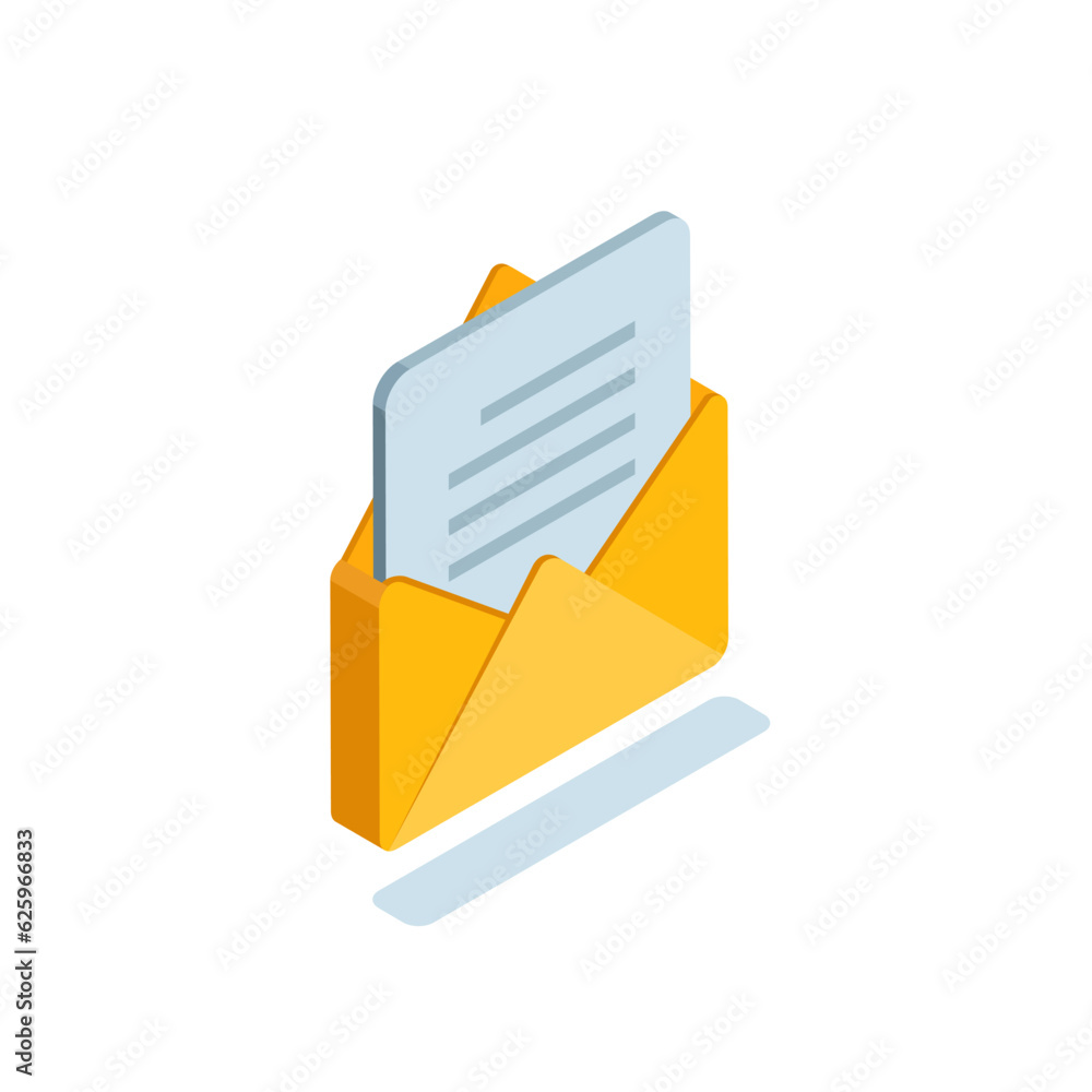 Poster isometric open envelope icon in color on white background, read letter or text document