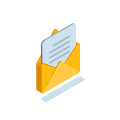 isometric open envelope icon in color on white background, read letter or text document