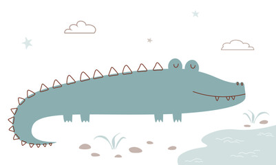 Abstract crocodile near water. Cute animal character. Flat vector illustration in scandinavian style. Drawing alligator on isolated on white background. Poster.