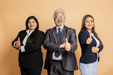 Group of positive indian business people wearing suit standing do thumbs isolated on beige studio background. Senior and young corporate man and women.