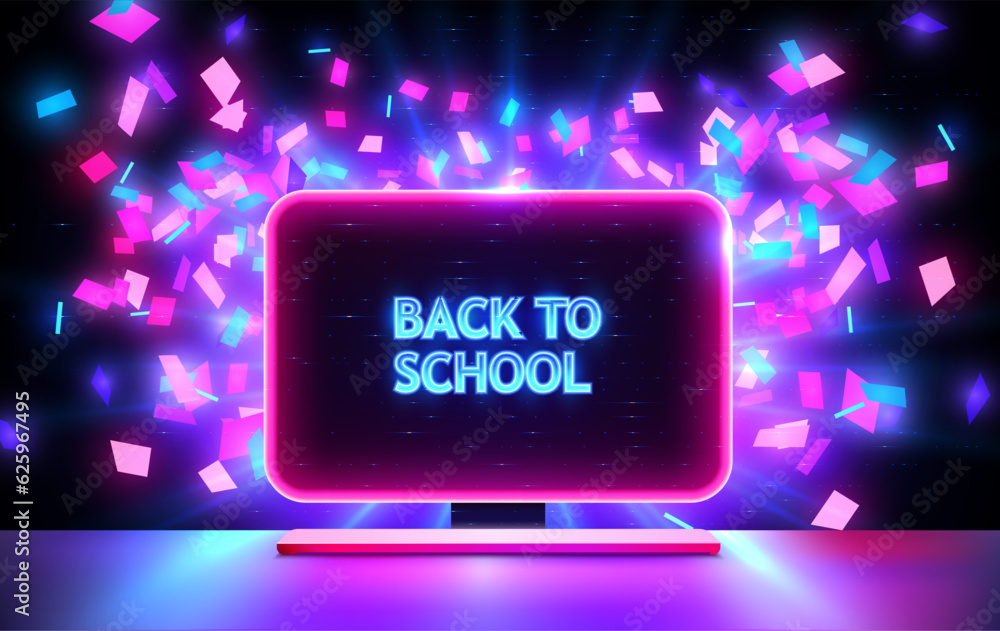 Aufkleber Play Computer game. Portable neon computer with a blank screen and a desk in a dark room with blue lighting. Tech cartoon frame title back to school. Neon template background for Education and study