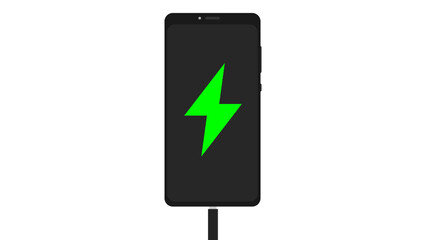 2d vector phone with black screen and charging icon connected to charger on white background