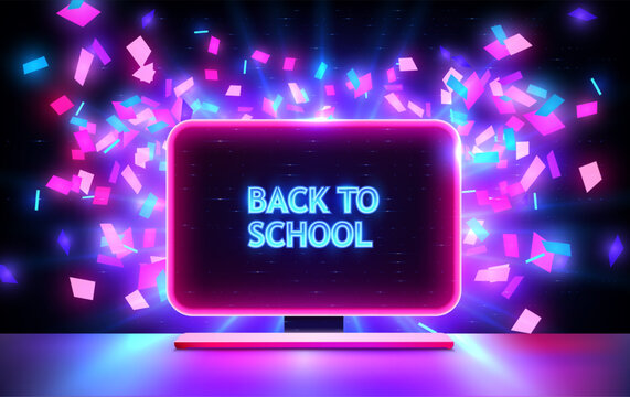 Play Computer game. Portable neon computer with a blank screen and a desk in a dark room with blue lighting. Tech cartoon frame title back to school. Neon template background for Education and study