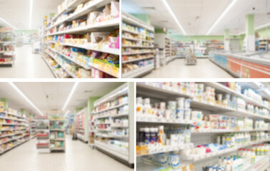 Few images with interior of supermarket aisle and shelves blurred background