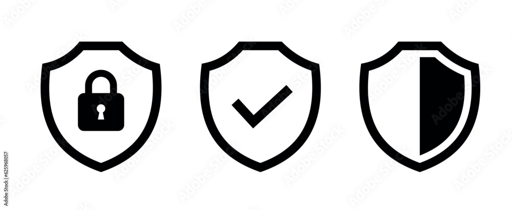 Poster security shield icons set. shield with check mark, padlock, lock symbol. protect shield icon. editab