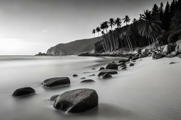Fototapeta na wymiar A black and white image of a beach landscape - AI Generative