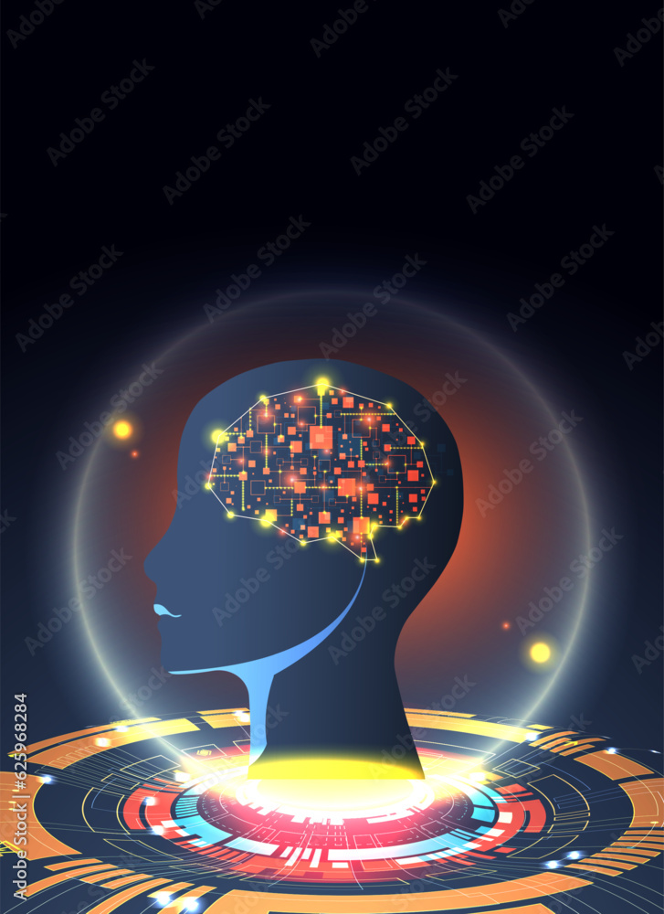 Poster Artificial Intelligence. Technical background with a silhouette of a man. Big data concept. Machine cyber mind.