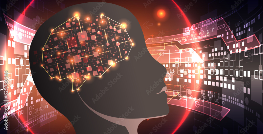 Poster Artificial Intelligence. Technical background with a silhouette of a man. Big data concept. Machine cyber mind.