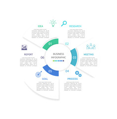 Business infographics line process with template with icons and 6 options or steps.infographics of business,idea,research,meeting,process,goal,report.for infographics design template