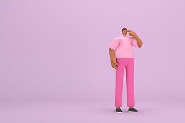 The black man with pink clothes.  He is expression  of body and hand when talking. 3d rendering of cartoon character in acting.