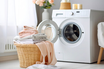 The concept of clean clothes: a modern washing machine and a pile of laundry